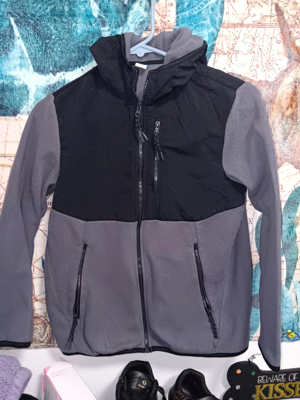 Old Navy Black and Gray Hooded Fleece Jacket